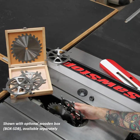 8 Inch Stacked Dado Saw Blade Set For 3/4 Inch Dado With Four Blades, Includes 6 Tooth Chippers For Smoother Cuts laid out on table saw