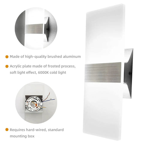 Cool White LED Wall Sconces Two Pack 10W Up Down Lights, aluminum and acrylic design, hardwired installation details