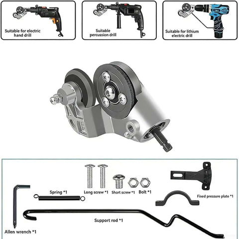 Drill Powered Sheet Metal Cutter And Nibbler Attachment with fittings, suitable for various drills, showing parts and accessories.
