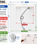 Sizing diagram for Heavy Duty Adjustable Spring Access Panel For Drywall And Ceilings 12X12 Inch White Abs Plastic Wall Hole Cover Plate.