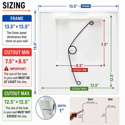Sizing diagram for Heavy Duty Adjustable Spring Access Panel For Drywall And Ceilings 12X12 Inch White Abs Plastic Wall Hole Cover Plate.