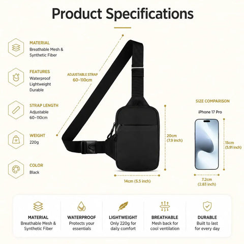 Ultra Compact Crossbody Sling Bag With Water Resistant Dual Pocket Chest Pack For Running Travel And Everyday Workouts next to phone