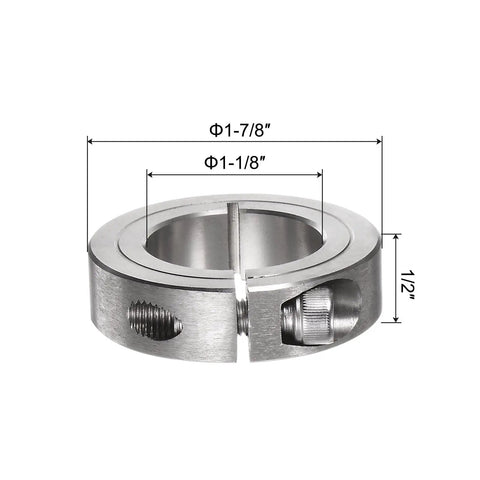 Split Clamp-On Shaft Collar With 1-1/8 Bore, 1-7/8 Outside Diameter, 1/2 Inch Thick, 304 Stainless Steel, shown with dimensions