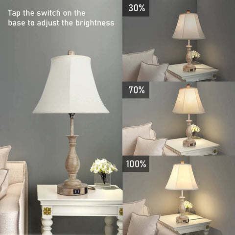 Cozy Farmhouse Table Lamp with Touch Control, 3-Way Dimmable Bedside Desk Lamp, Linen Shade, Built-In 2 USB Ports, Set Of 2