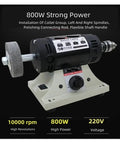 800W High Powered Bench Grinder with 0.3-4mm Flexible Shaft Handle showing strong motor and polishing wheel for woodworking.