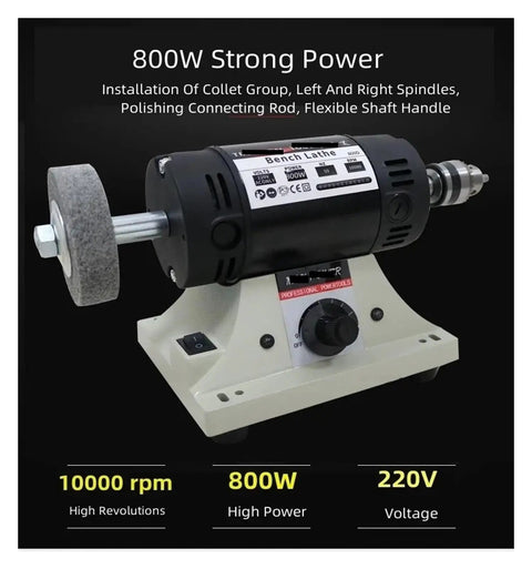800W High Powered Bench Grinder with 0.3-4mm Flexible Shaft Handle showing strong motor and polishing wheel for woodworking.