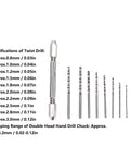 Rock Solid Double Hand Drill With Premium Brass Body And Dead Simple Twist Grip Perfect For Precision Hobby Work And Electronic Assembly showing drill bits with size specifications from 0.5mm to 3.2mm.