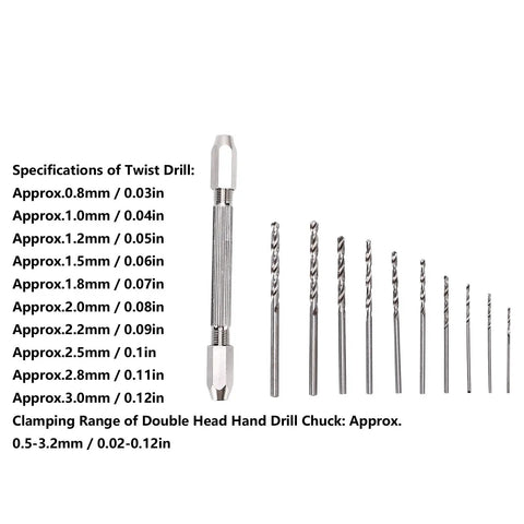 Rock Solid Double Hand Drill With Premium Brass Body And Dead Simple Twist Grip Perfect For Precision Hobby Work And Electronic Assembly showing drill bits with size specifications from 0.5mm to 3.2mm.