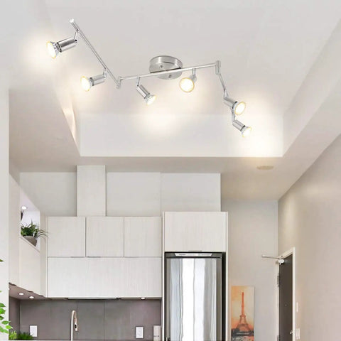 Six Light LED Track Lighting Kit With Sleek Matte Nickel Finish installed in modern kitchen showing six rotatable heads.