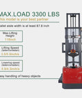 Tory Carrier Full Electric Pallet Stacker front view showing 3300 lb capacity, 118 inch height, adjustable lift features.