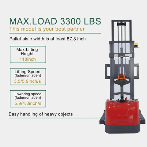 Tory Carrier Full Electric Pallet Stacker front view showing 3300 lb capacity, 118 inch height, adjustable lift features.