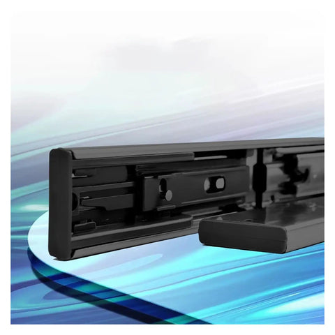 Heavy Duty Drawer Rails With Smooth Glide Steel 3 Way Slide System For Full Extension Three Section Drawers 8 To 22 Inch Adjustable Furniture Rails Two Pack 20 Inch Long showing close-up of black steel glide mechanism