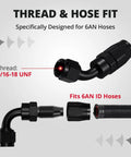 6AN Hose End Fitting Kit Straight 45 Degree And 90 Degree Swivel For CPE Braided Hose Aluminum 6061T6 Anodized Black High Flow 1500 PSI Max Working Pressure, 9/16-18 UNF, 90-degree fitting shown