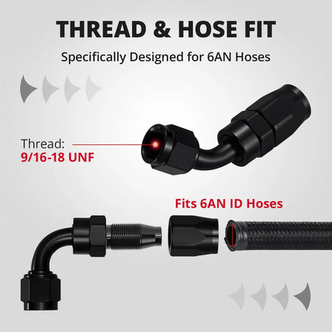 6AN Hose End Fitting Kit Straight 45 Degree And 90 Degree Swivel For CPE Braided Hose Aluminum 6061T6 Anodized Black High Flow 1500 PSI Max Working Pressure, 9/16-18 UNF, 90-degree fitting shown