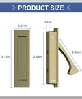 Antique Brass Pocket Door Hardware Set with Edge Pulls and Recessed Flush Pulls dimensions shown
