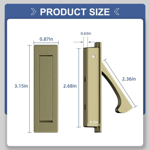 Antique Brass Pocket Door Hardware Set with Edge Pulls and Recessed Flush Pulls dimensions shown