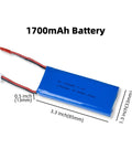 7.4V 2S LiPo Battery 1700mAh 5C JST 2Pin Connector For RC Car Airplane And Transmitter showing dimensions and connector type
