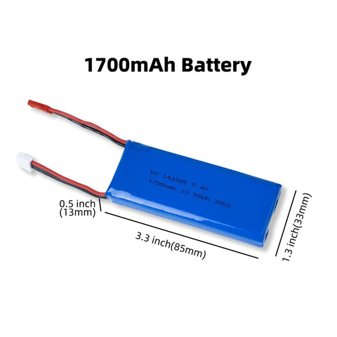 7.4V 2S LiPo Battery 1700mAh 5C JST 2Pin Connector For RC Car Airplane And Transmitter showing dimensions and connector type