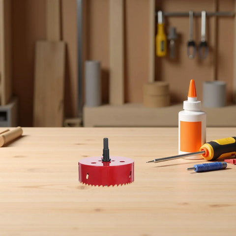 Bi Metal Hole Saw Kit With Drill Bit And Dust Collector Quick Release System 4 1 4 Inch on a workbench, workshop tools nearby