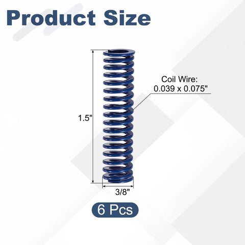 Six Pack Blue Compression Springs For 3D Printers Measuring 3 8 Inch OD And One Point Five Inch Length, showing size dimensions.