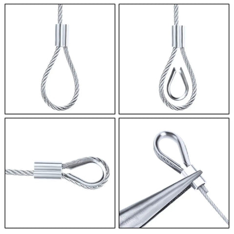 Vinyl Coated Stainless Steel Picture Hanging Wire Rope Cable Kit With Fifty Aluminum Crimp Sleeves Ten Thimbles And Fifty D Ring Hangers One Sixteenth Inch Diameter Ninety Eight Feet Long For Heavy Duty Gallery Hanging showing cable ends crimped with thimbles.