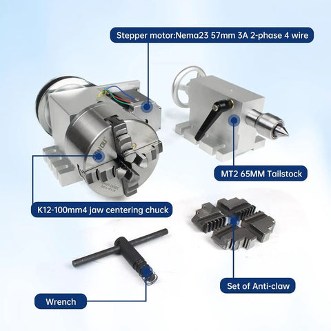 Heavy Duty Cnc Milling 4Th And 5Th Axis Rotary Table Featuring 100Mm Three Jaw Chuck with Nema23 motor and MT2 tailstock components.