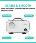 Front view of Portable Oil Free Diaphragm Vacuum Pump For Filtration With Adjustable Pressure And Fast 20 Lpm Airflow, dual voltage, with rubber tubing.