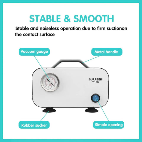 Front view of Portable Oil Free Diaphragm Vacuum Pump For Filtration With Adjustable Pressure And Fast 20 Lpm Airflow, dual voltage, with rubber tubing.