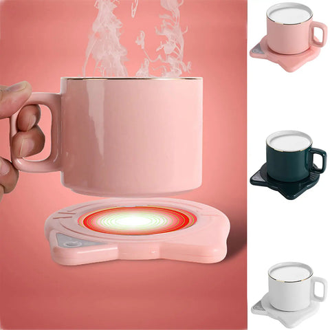 Keep Your Daily Grind Toasty With This Rapid Heating Desk Coffee Warmer featuring a pink mug and matching coaster, steaming coffee highlighted.