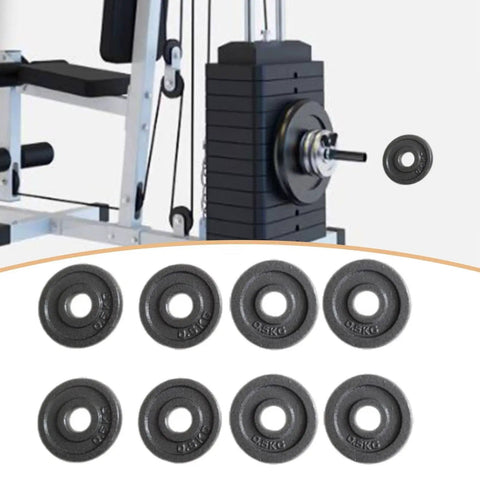 Eight Piece Cast Iron Weight Plates For Barbells 9.5 Cm Diameter 26 Mm Center Hole 8 Plate Set with gym equipment