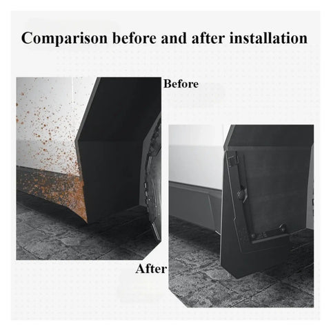 Comparison image showing Tesla Cybertruck 2024 To 2025 Full Set Heavy Duty Front Rear Wheel Mud Flaps before and after installation.