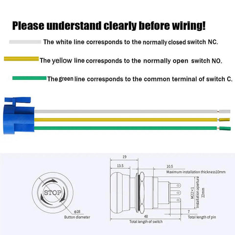 Wiring diagram and dimensions for Stainless Steel 22mm Latching Emergency Stop Push Button Switch 1NO 1NC 12-250V 3A