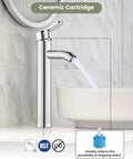 Ultra Sleek Modern Tall Vessel Sink Faucet With Single Handle One Hole Mount, chrome finish and ceramic cartridge, water flow view.