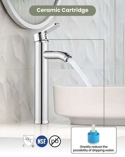 Ultra Sleek Modern Tall Vessel Sink Faucet With Single Handle One Hole Mount, chrome finish and ceramic cartridge, water flow view.