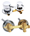 Multi Way Brass Shower Mixing Valve With Ceramic Cartridge Cold And Hot Water Diverter For Tub And Overhead Sprayer Bathroom Plumbing Fixture showing chrome and brass finishes.