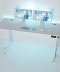 Big Shintenchi Standing Desk 63x24 Inch Electric Adjustable Height Ergonomic Lift Computer Table Modern White with dual monitors and keyboard.