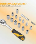89 Piece Home Tool Set With Hammer And Drill Bits, Ratchet with sockets on display, non-slip handle, for DIY projects.