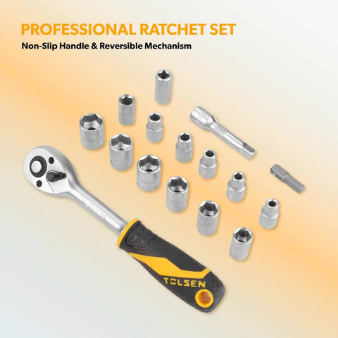 89 Piece Home Tool Set With Hammer And Drill Bits, Ratchet with sockets on display, non-slip handle, for DIY projects.