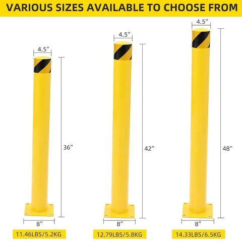 Tough As Nails Steel Security Bollards Forty Eight Inches Tall Four Point Five Inch Diameter With Bolt Down Hardware For Commercial Parking Lot Traffic Impact Protection Four Pack shown in three heights, highlighting size options.