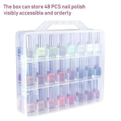 Universal Nail Polish Holder Organizer For 48 Bottles With Adjustable Dividers, clear plastic storage on countertop.