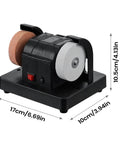 Badass Compact Table Grinder Featuring Dual Polish Discs For Quick Blade Sharpening Rust Stripping And Smooth Benchtop Finishing with measurements.