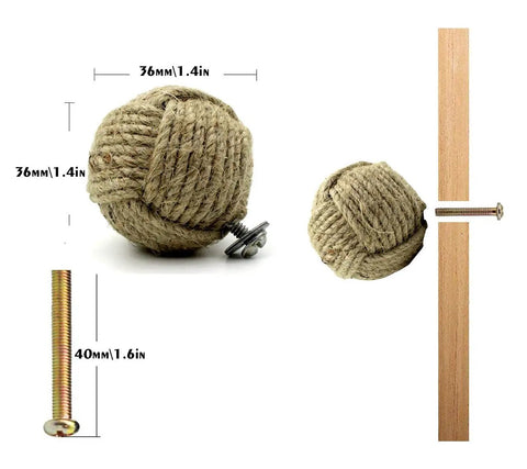 Handmade Jute Rope Drawer Knobs Set Of 6 Rope Knot Cabinet Pulls For Doors Wardrobes And Cupboards Dope Nautical Decor 36 Millimeters Long Screws Included Easy Install, 36mm jute knob and 40mm screw