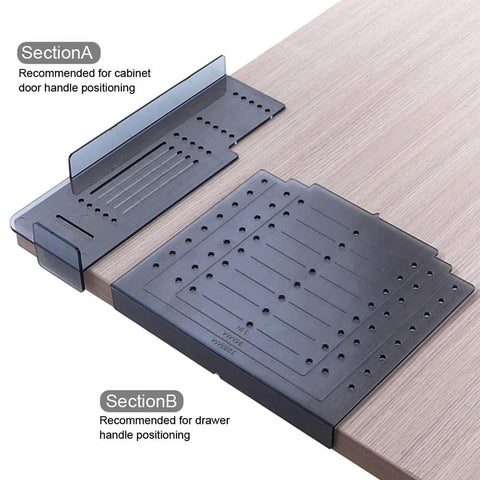 Silver Cabinet Handle Template Tool For Quick Marking And Drilling Of Cabinet Knobs And Pulls on a wooden surface
