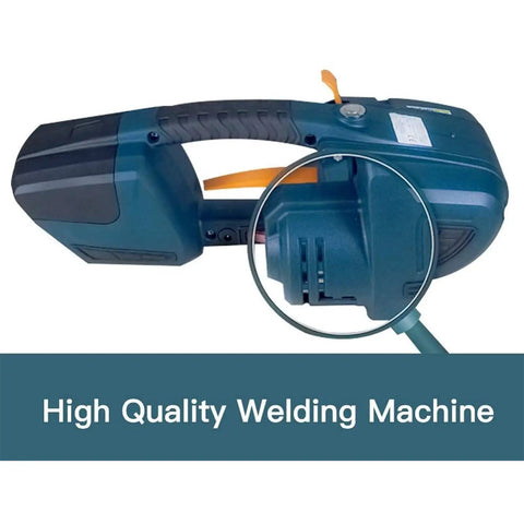 Handy Portable Electric Strapping Machine For Pet Or Pp Tape That Wields 2800N Force Fast One Hand Charge showing grip and motor details.
