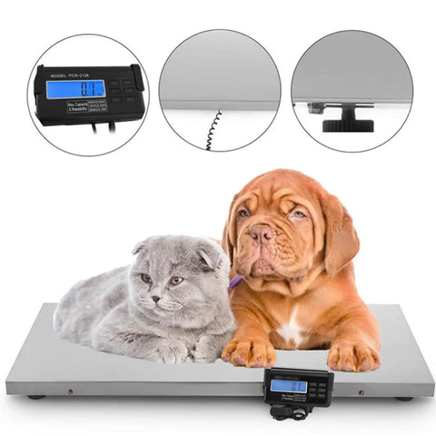 Real Deal Heavy Duty Digital Scale Built Like A Tank For Pets And Livestock With Roomy Stainless Platform And Slip Resistant Rubber Mat Heavy Hitter For Barn And Shipping Jobs with a dog and a cat on the scale.