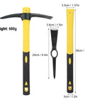 Three Pack 15 Inch Garden Pick Axes with Fiberglass Handles, Cast Steel Double Head for Gardening shown with dimensions.