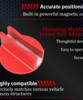 Magnetic Car Jack Pad Aluminum Slotted Magnet Pinch Weld Frame Rail Adapter, red, highlighting features in background.