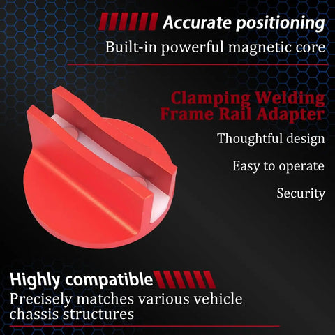 Magnetic Car Jack Pad Aluminum Slotted Magnet Pinch Weld Frame Rail Adapter, red, highlighting features in background.
