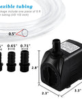 Diagram of Quiet Submersible Pump 400 GPH With 5 Ft Tubing For Pond Fountain Aquarium Fish Tank Hydroponics, showing dimensions and parts