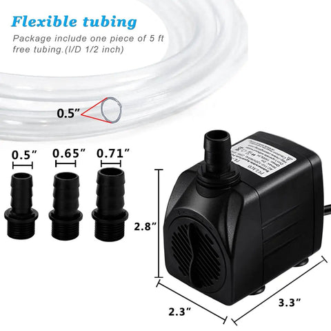 Diagram of Quiet Submersible Pump 400 GPH With 5 Ft Tubing For Pond Fountain Aquarium Fish Tank Hydroponics, showing dimensions and parts